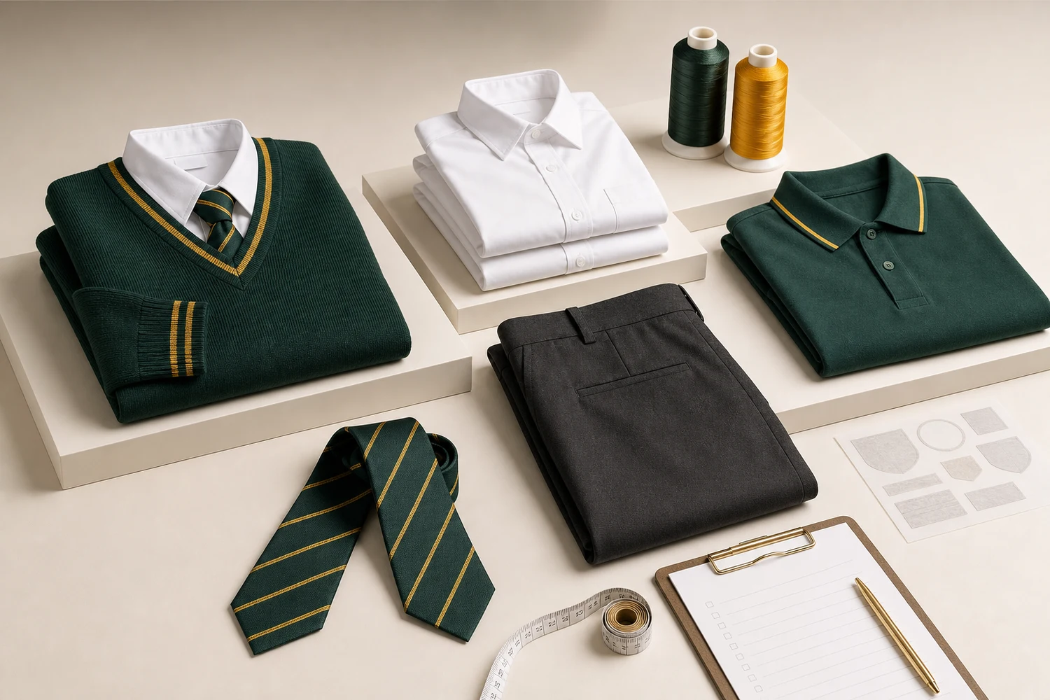 Premium product display of uniform essentials and garment branding tools